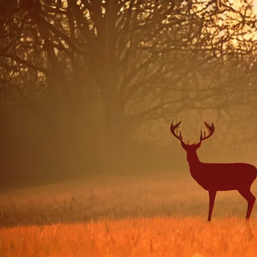 Prompt: deep rich red silhouette of a deer with white glowing magic in the air around him