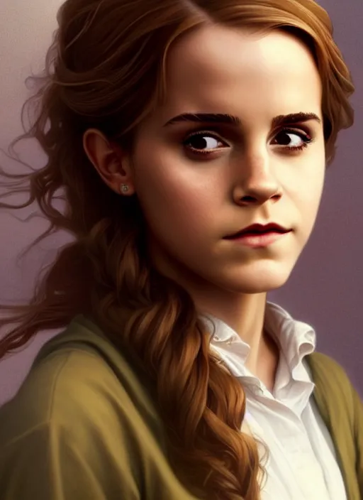 Prompt: Poster artwork. Rendering of Emma Watson as Hermione Granger. Beautiful. Gorgeous. Wearing a modern clothes. Vivid. Clean. Full of details. Extremely detailed. Award winning. Cinematic lighting. Michael Whelan. Tomer Hanuka. William Adolphe Bouguereau. Karol Bak. Makoto Shinkai. Thomas kinkade. Matte painting. Trending on artstation.