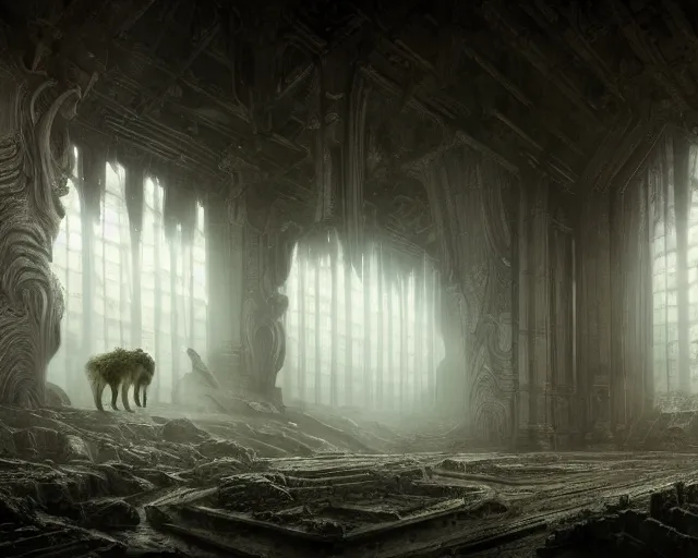 Image similar to fantasy scene, king of the wolves inside the king's hall ethereal, ominous, misty, 8 k, by h. r. giger and greg rutkowski