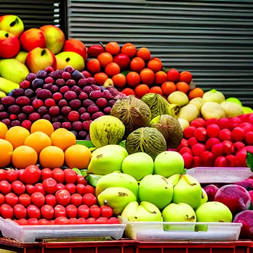 Image similar to uhd photorealistic produce stand selling half eaten fruit, uhd hyperdetailed photography