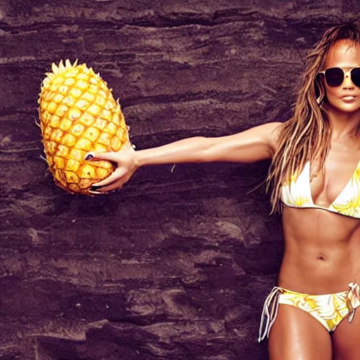 Image similar to j - lo, with two coconuts bikini and a pineapple as a hat, professional photography, photoshop