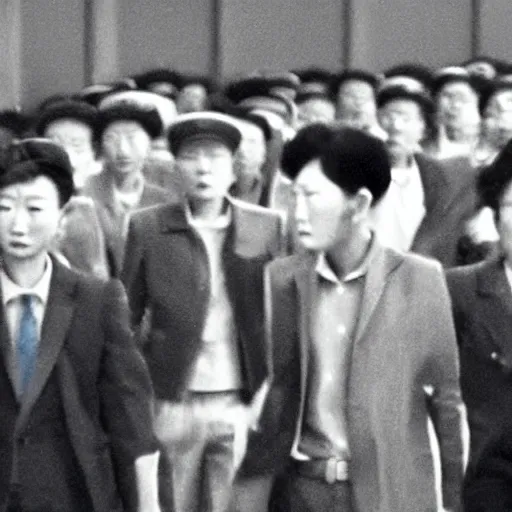 Prompt: a film still of a north korean film noir, video compression, ripple effect