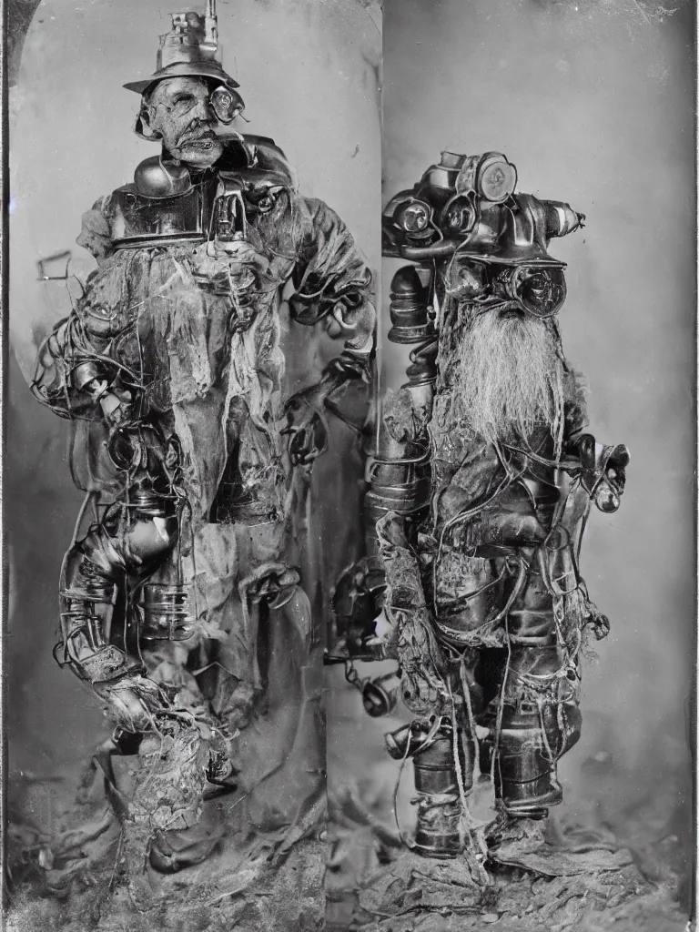 Prompt: an analog 4 x 5 camera portrait photography of a 1 8 9 0 s robot dressed as an alaskan miner, grizzled, old, commanding, dominant, cinematic, grey hair, metal engraving plate tin type photography, hq, detailed, realistic