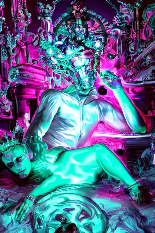 Prompt: full-body rococo and cyberpunk style mint neon statue of a young attractive Spanish male macho dotado android reclining sim roupa con piroca, glowing white laser eyes, prince crown of pink gears, diamonds, swirling silver-colored silk fabric. futuristic elements. full-length view. space robots. human skulls. intricate artwork by caravaggio. Trending on artstation, octane render, cinematic lighting from the right, hyper realism, octane render, 8k, depth of field, 3D