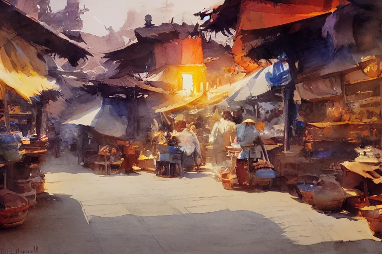 Prompt: small centered on watercolor paper, paint brush strokes, abstract watercolor painting of ancient spice market, cinematic light, national romanticism by hans dahl, by jesper ejsing, by anders zorn, by greg rutkowski, by greg manchess, by tyler edlin