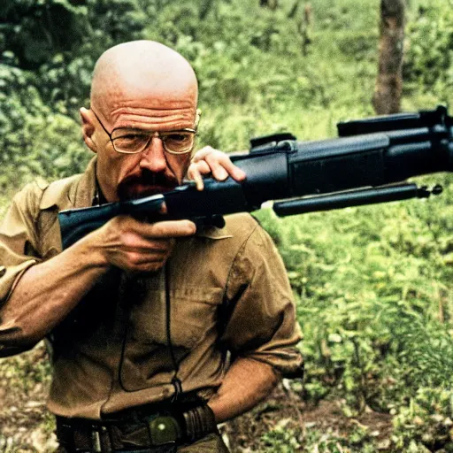 Prompt: Walter White aka Heisenberg fighting in the Vietnam war, holding an M60 machine gun, in the jungle, shirtless, furious, wild, raging