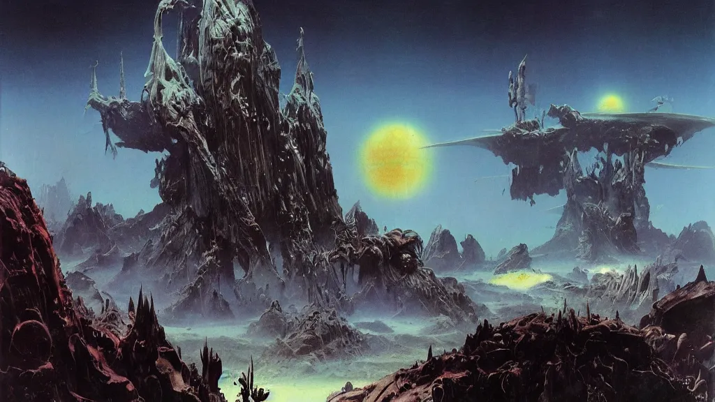 Image similar to surreal eerie alien planet empire by frank frazetta and bruce pennington, cinematic matte painting