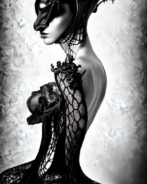 Image similar to a black and white high quality dreamy photo of a young beautiful female queen-silver dragon-vegetal-flower-cyborg black lace veiled bust with a very long steampunk cyborg neck, elegant, highly detailed, poetic, soft, dreamy, mysterious, high fashion, in the style of Horst P. Horst, Metropolis, Realistic, Refined, Digital Art, Highly Detailed, Cinematic Lighting, rim light, black and white, photo-realistic, 8K