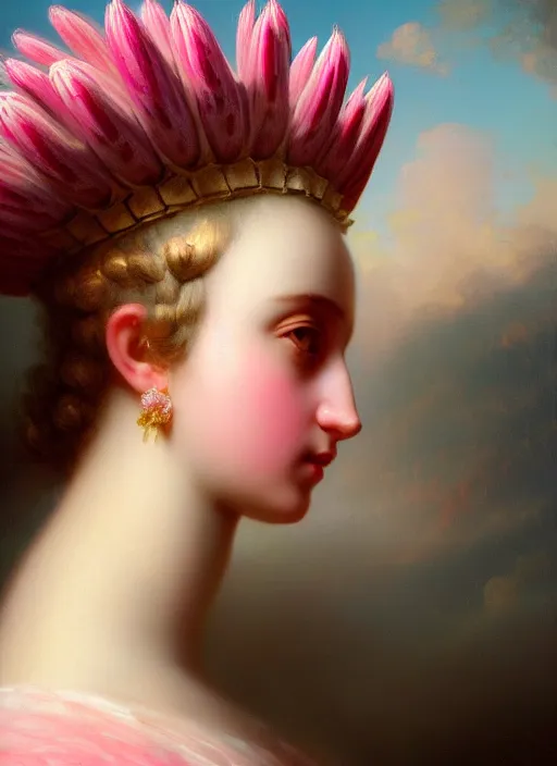 Image similar to stunning american godess princess, detailed pink and white protea head peace against a black backdrop by ivan aivazovsky, wlop, super sharp details, photorealism, canon 5 d, 5 0 mm lens, stunning photoshot, beautiful soft lighting, muted colours, artstation