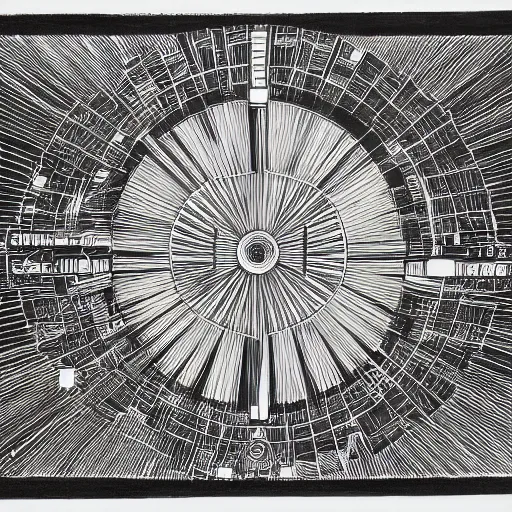 Image similar to a technical drawing of a radial techno sun above abandoned Temple architecture plans, highly detailed , black and white color scheme, fine lines and graphite, stanley donwood,