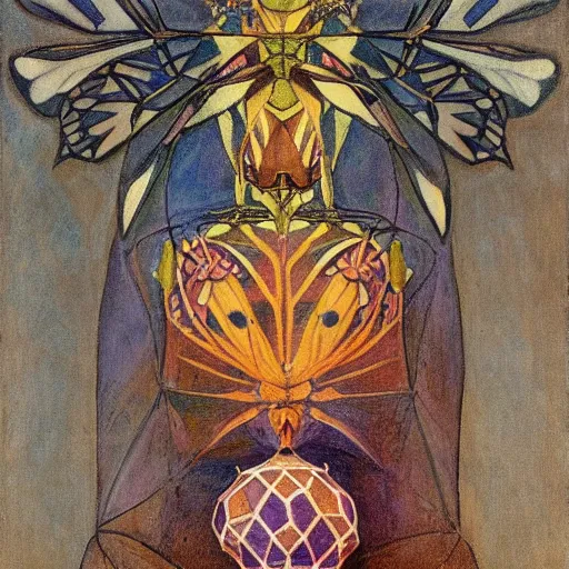 Image similar to the moth queen with her lantern, by Annie Swynnerton and Nicholas Roerich, bioluminescent skin, tattoos, elaborate costume, geometric ornament, symbolist, smooth, sharp focus, extremely detailed