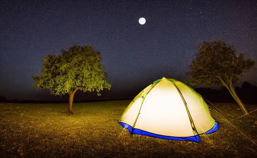 Image similar to night timelapse photography of a tent with a tree with the moon in the sky