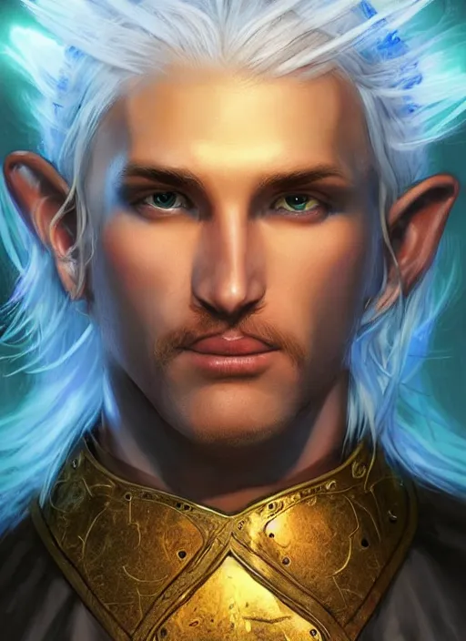 Image similar to male priest blonde parted hair healer, dndbeyond, bright, colourful, realistic, dnd character portrait, full body, pathfinder, pinterest, art by ralph horsley, dnd, rpg, lotr game design fanart by concept art, behance hd, artstation, deviantart, global illumination radiating a glowing aura global illumination ray tracing hdr render in unreal engine 5