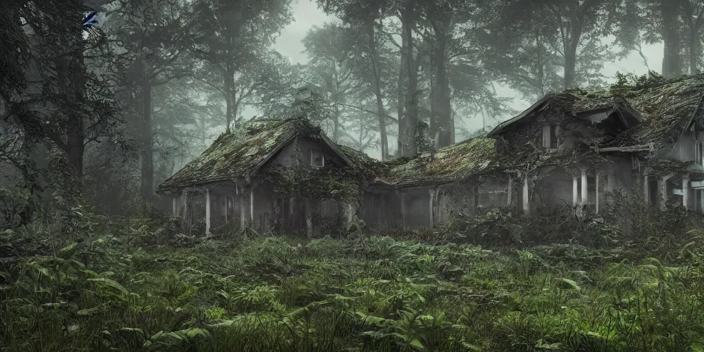 Image similar to photorealistic, ruined english bungalow, overgrown vegetation, in the forest, apocalypse, night, fog, shadowy creatures lurking in foliage, cthulhu, hellscape, hyperrealistic, grimdark, artstation