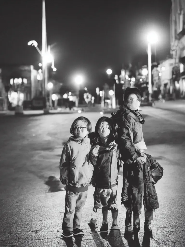 Prompt: two kids posing for a picture at night, backlit, small town, town square, lomography