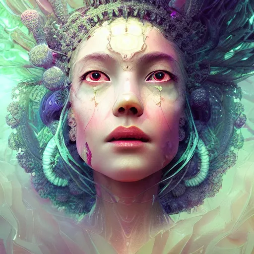 Image similar to goddess portrait. jellyfish phoenix head. intricate artwork by Tooth Wu and wlop and beeple. octane render, trending on artstation, greg rutkowski very coherent symmetrical artwork. cinematic, hyper realism, high detail, octane render, 8k