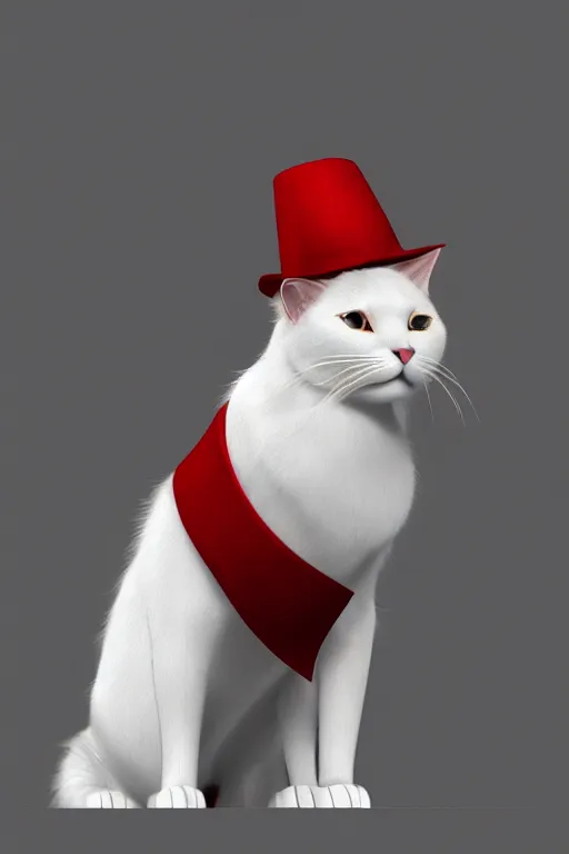 Image similar to a white cat with blue eyes wearing a red and green formal overcoat, hyperrealistic, concept art, octane render, unreal engine 5, realistic and defined face, profile picture, digital art, pixar and disney style, symmetrical, high quality, highly detailed, high coherence, path traced, house background, low contrast, beautiful