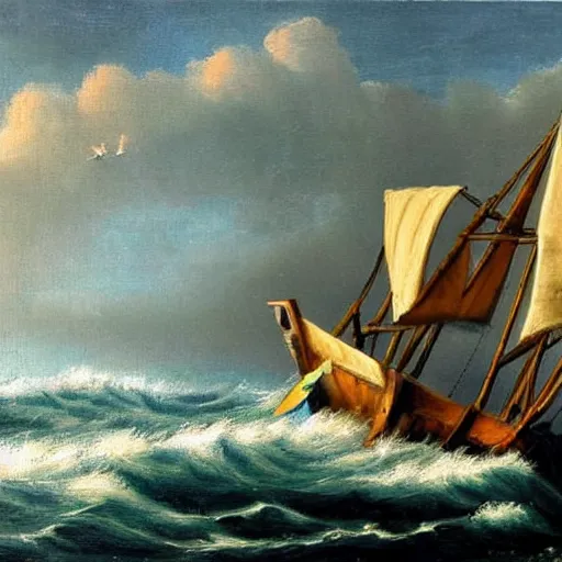 Image similar to ship in the sea, sails, history, wood, oil painting, waves, romanticism, clouds, sunset