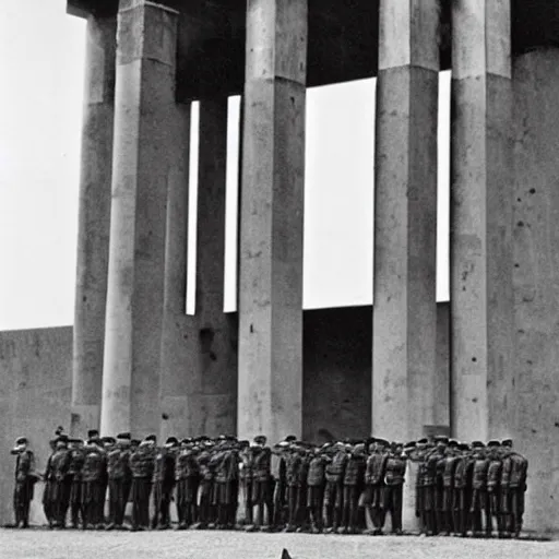 Prompt: a brutalist building with roman style ionized columns and german ww 2 soldiers standing in front