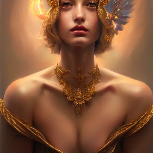 Prompt: expressive oil painting, of alluring european princess, seductive look, smirk, smooth glowing skin, glistening body, love, adoration, sweat, tattoos, ornate headpiece, glamour shot, by yoshitaka amano, by greg rutkowski, by jeremyg lipkinng, by artgerm, digital art, octane render, evil aesthetic