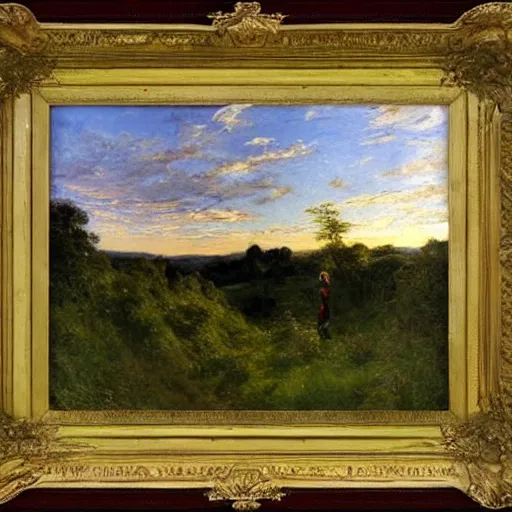 Prompt: Wanderer looking at a lush valley, distant forest, sunset, sunrays, masterful painting by John Everette Millais