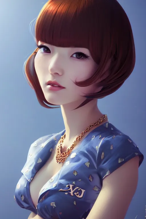 Image similar to a pin up and beautiful fashion charming dreamlke japan girl with lv jewelry, character art, art by wlop and and ilya kuvshinov, hyperdetailed, 8 k realistic, symmetrical, frostbite 3 engine, cryengine, dof, trending on artstation, digital art