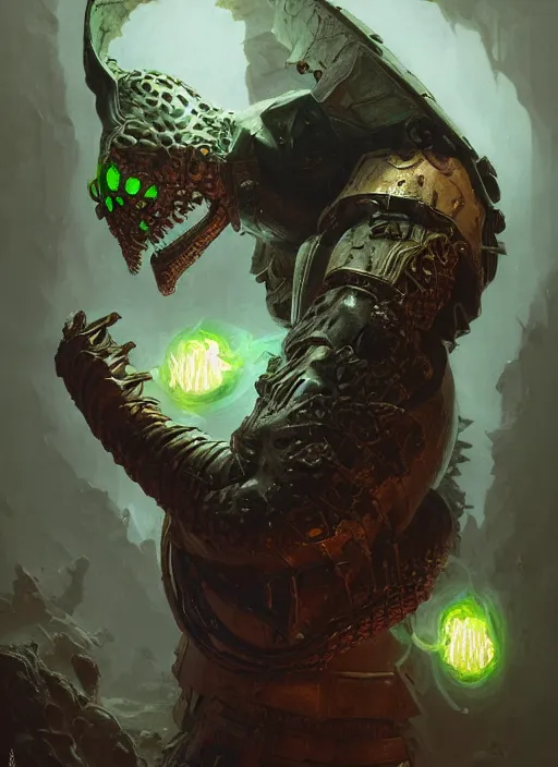 Image similar to horror machine glowing mf doom reptile eyes, broken armor, elegant, highly detailed, centered, digital painting, artstation, concept art, smooth, sharp focus, illustration, artgerm, tomasz alen kopera, peter mohrbacher, donato giancola, joseph christian leyendecker, wlop, frank frazetta