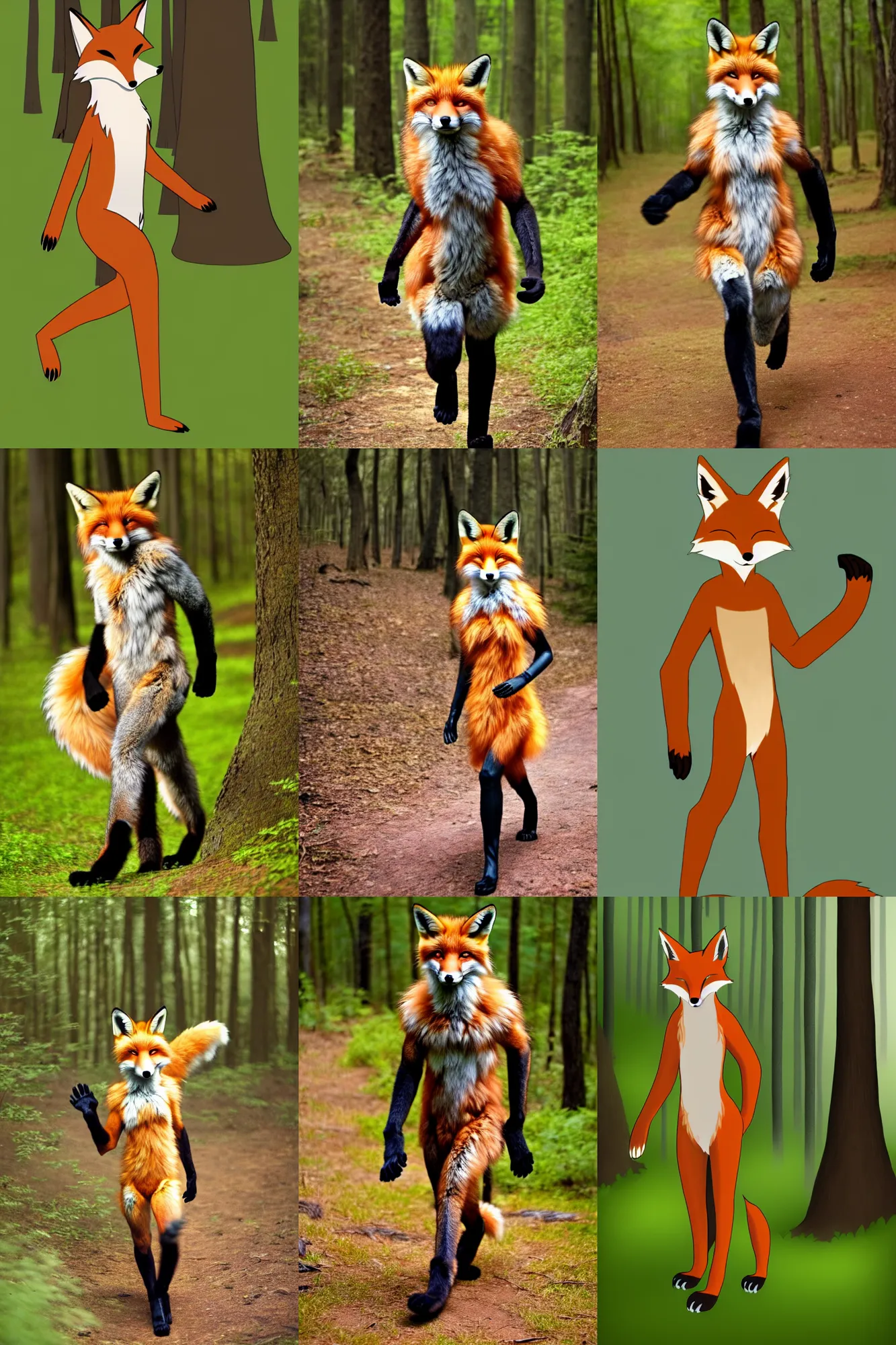 Prompt: anthro digitigrade natural - colored fox person with black paws, walking upright in a forest, furry fandom