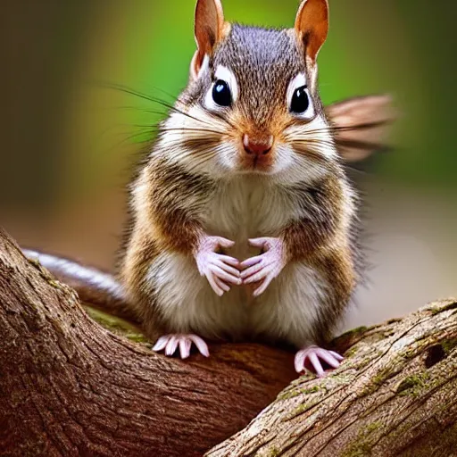 Prompt: very very very very cute chibi baby chipmunk, portrait, pixar style, forest background, cinematic lighting, award winning creature portrait photography