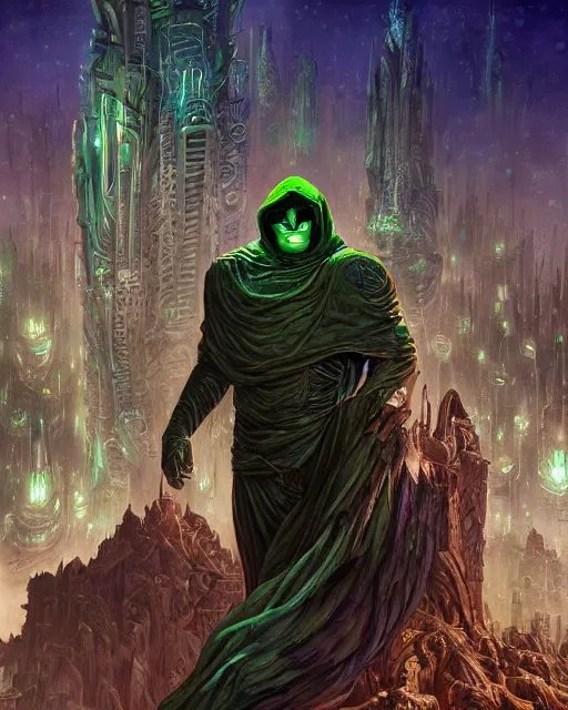 Image similar to dr. doom in a scifi city, by antonio j. manzanedo, giger, alex grey, android jones, wayne barlowe, philippe druillet, raymond swanland, cyril rolando, josephine wall, harumi hironaka, trending on artstation