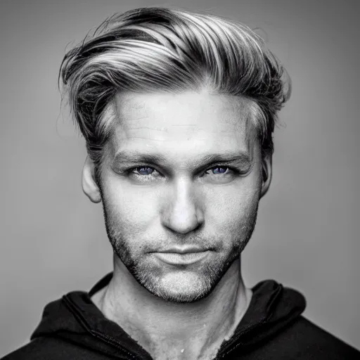 Prompt: close up of face of good looking 4 0 year old anglo slavic blond man with blond stubble, very short wavy blond hair in a short pompadour style, very dark blue eyes, portrait, 4 k