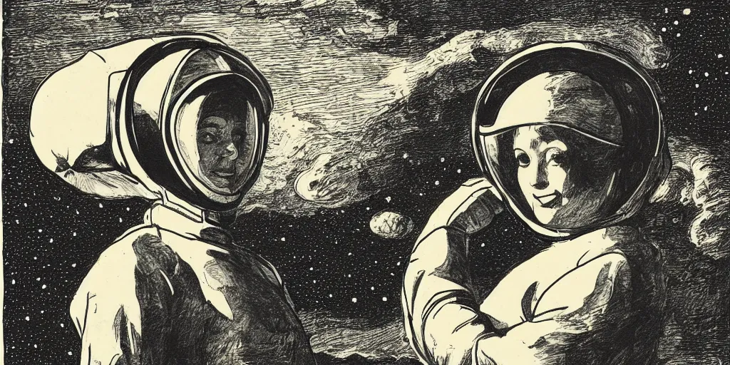 Image similar to portrait of a slim woman wearing a space helmet on an alien planet, clouds visible, stars in the sky, mountains, etching, in the style of Goya