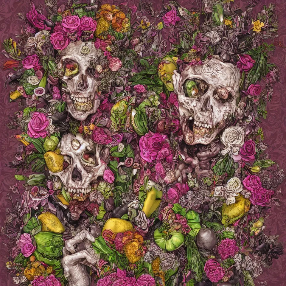 Image similar to hyper-detailed single portrait of a zombie straightedge punk made out of fruits, vegetables and large flowers in the Baroque style of Arcimboldo, crystalline skin, cinematic lighting, cartoonish, Studio Ghibli, dull pink background,