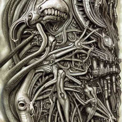 Prompt: the origin of life, highly detailed, artwork by H.R. Giger