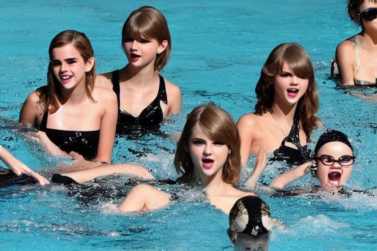 Image similar to emma watson and taylor swift and selena gomez swim together. perfect faces.