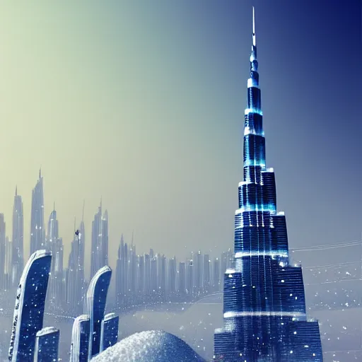 Prompt: Beautiful snow in Dubai, Burj Khalifa, intricate, elegant, highly detailed, digital painting, artstation, concept art, matte, sharp focus, illustration,