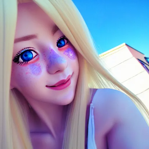 Image similar to beautiful hyperrealism selfie of a cute 3 d anime young woman smiling smugly, long light platinum blonde hair, flushed face, heart - shaped face, cute freckles, light blue eyes, golden hour, 8 k, instagram