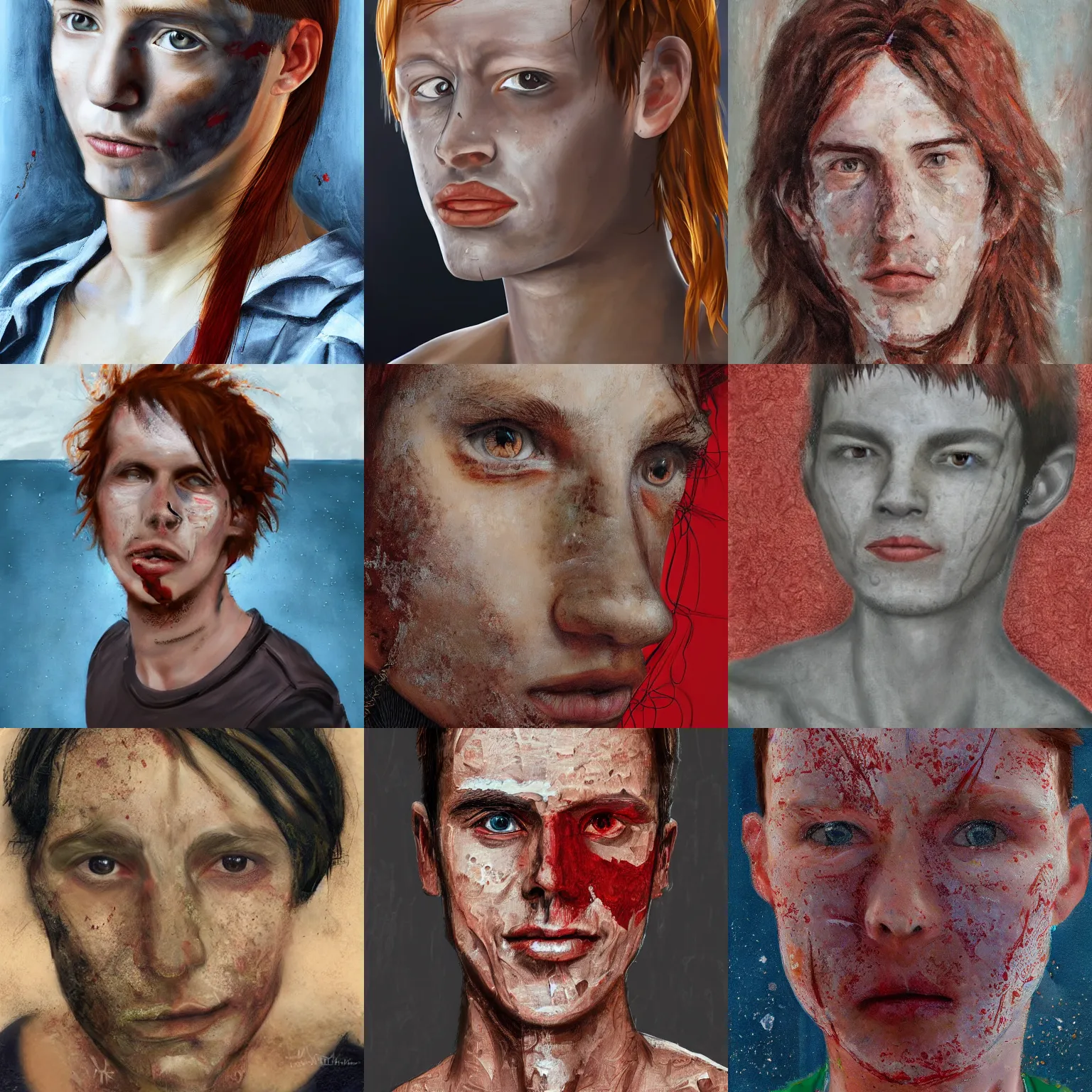 Prompt: portrait of a thin young man with long red hair, a big scars, big gash scratch on face, freckles on his face, highly detailed, digital painting