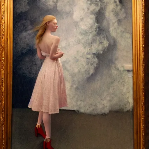 Prompt: Elle Fanning at night, stormy weather, extremely detailed masterpiece, oil on canvas, by Norman Rockwell and Edward Hopper,