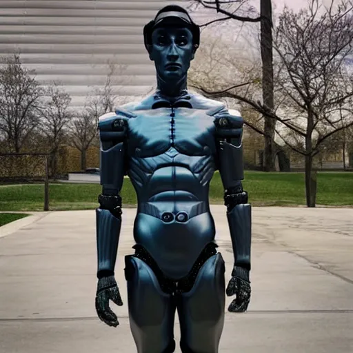 Image similar to “a realistic detailed photo of a guy who is an attractive humanoid who is half robot and half humanoid, who is a male android, twitch streamer Ninja Tyler Blevins, shiny skin, posing like a statue, blank stare”