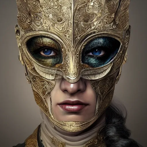 Image similar to Very very very very highly detailed epic photo of face with venetian mask, intricate, dystopian, sci-fi, extremely detailed, digital painting, artstation, concept art, smooth, sharp focus, illustration, intimidating lighting, incredible art by Artgerm and Anton Pieck