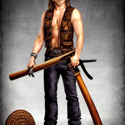 Image similar to a male ranger, dnd, wearing a leather vest and white linen pants, puka shell necklace, long swept back blond hair, with a bongo drum and nunchucks, chiseled good looks, digital art