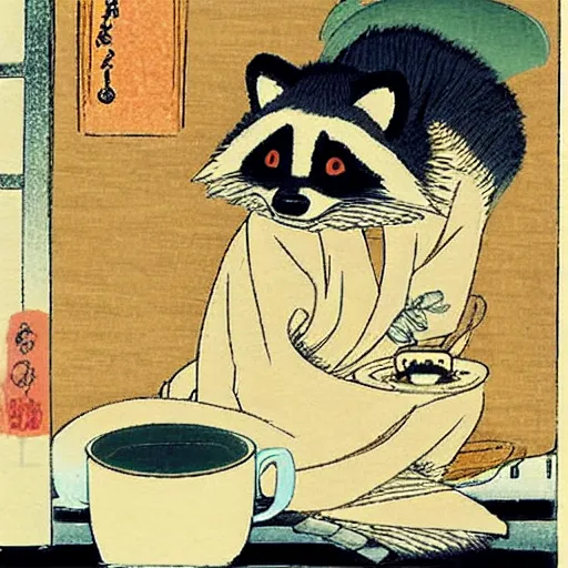 Image similar to little raccoon sitting by a cozy fireplace with a cup of tea. warm color temperature. ukiyo - e,