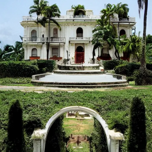 Image similar to The Mansion from Scarface (1983) being reclaimed by nature, in ruins, The world is yours statue