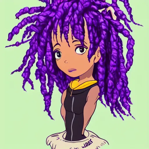 Image similar to black woman with purple dreads in space in the style of ghibli