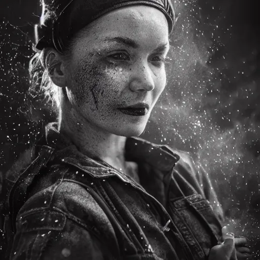 Prompt: a portrait of Rosie the riveter, industrial setting, dynamic pose, sweat and grime, close-up, intricate details, intricately detailed clothing, intricate textures, warm lighting, vivid colors, sparks flying, smoke and mist, realistic octane render, hyper realistic render, volumetric shading, depth of field, raytracing, 8k,