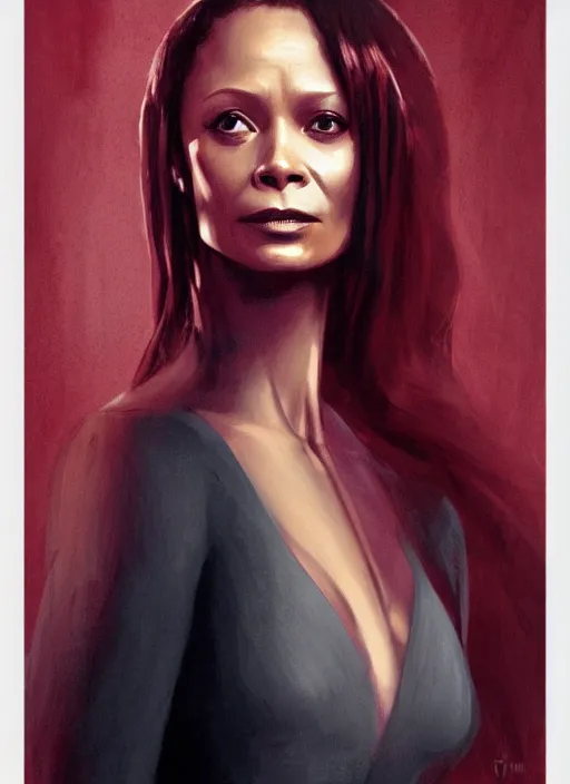 Prompt: thandie newton form westworld, portrait, dark red 2 0's dress, by charlie bowater