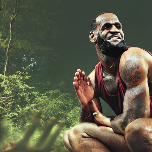 Prompt: lebron james doing yoga in the forest, high detail shot, smoking, render, cgsociety, photorealism