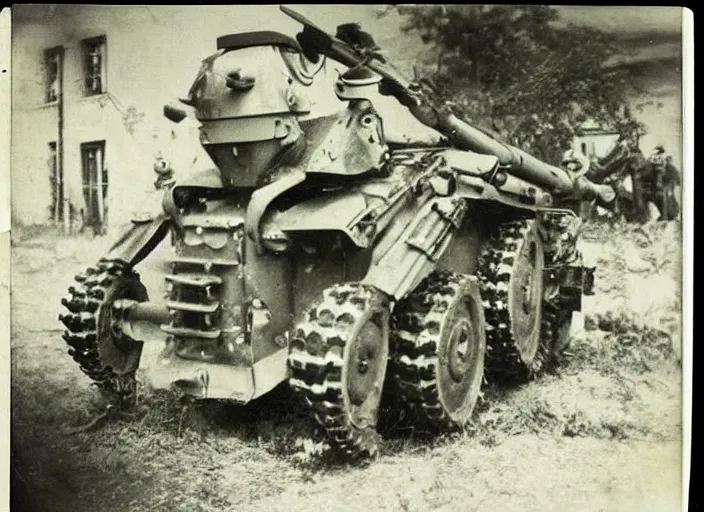 Image similar to found polaroid picture of a world war two crawling mech war machine and german soldiers