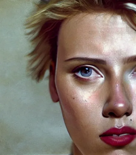 Prompt: a high quality, high detail, photorealistic portrait of scarlett johansson by james nachtwey and lucian freud,